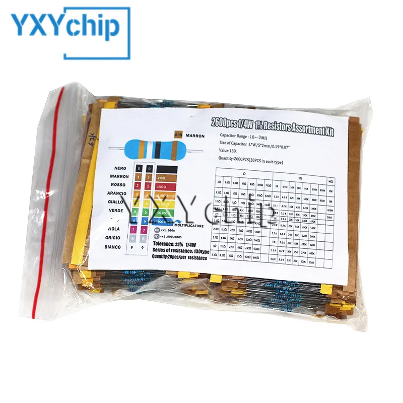 2600 шт./лот, 130 значений, 1/4 Вт, 0,25 Вт, 1%, металлопленочные резисторы, набор в ассортименте, 1 Ом ~ 3 м Ом