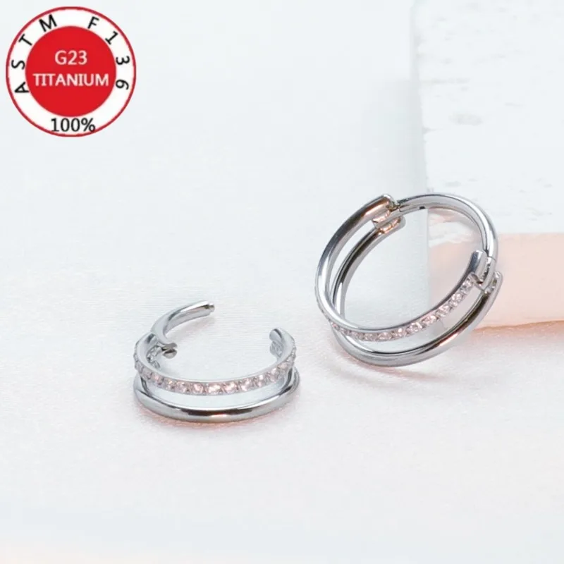 2/5Pcs G23 Titanium 16G Double Layer Zircon Clicker Nose Ring Septum Hinged Segment Earrings Tragus Piercing Body Jewelry