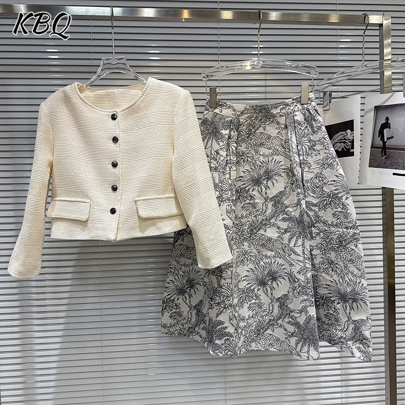 

KBQ Шикарные комплекты из двух предметов для женщин с круглым вырезом и длинными рукавами на пуговицах, короткие топы с высокой талией, юбки трапециевидной формы, шикарный комплект, женский новый