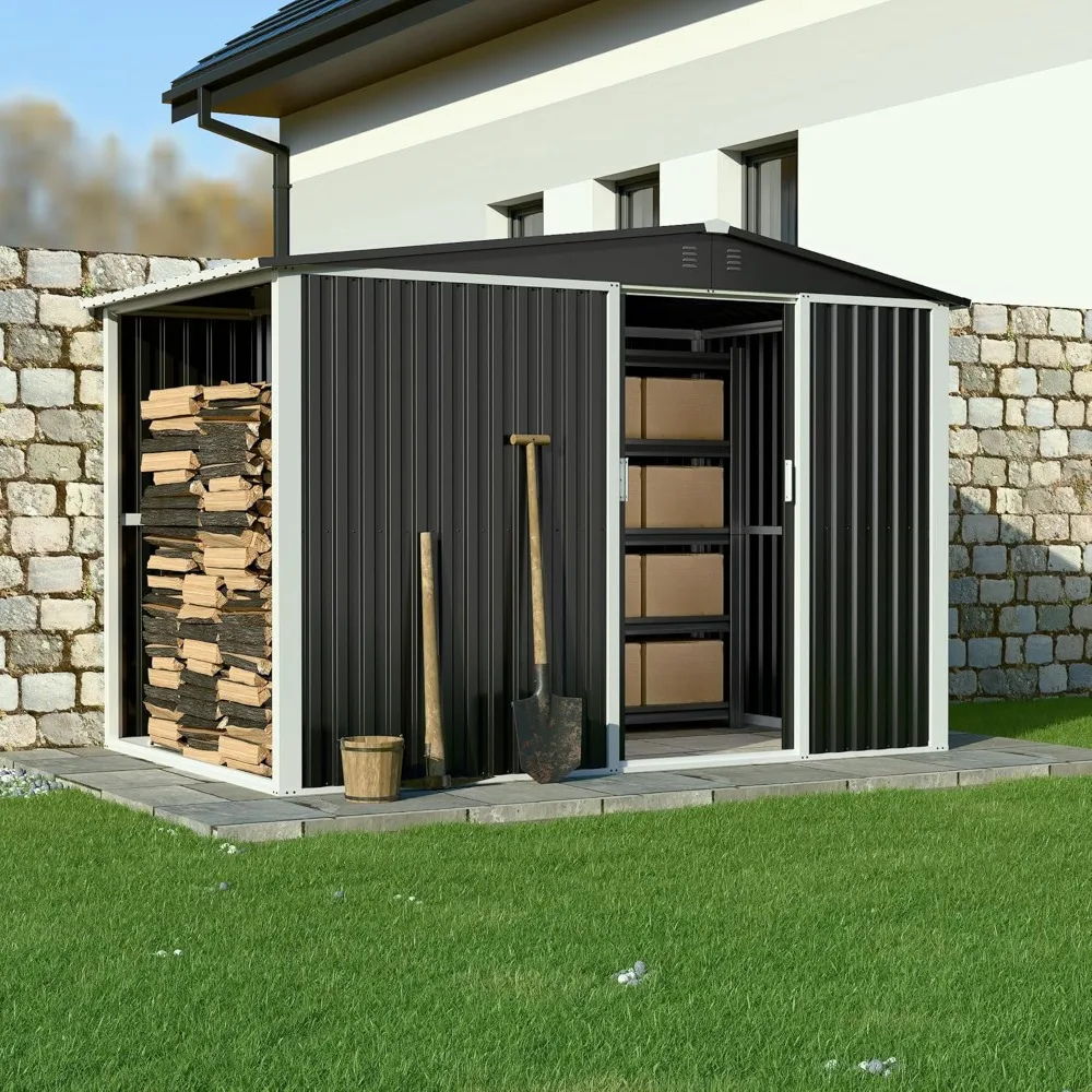 

Metal Outdoor Storage Shed w/Firewood Storage, Steel Utility Tool Shed Storage House w/Sliding Door, Metal Sheds Outdoor Storage