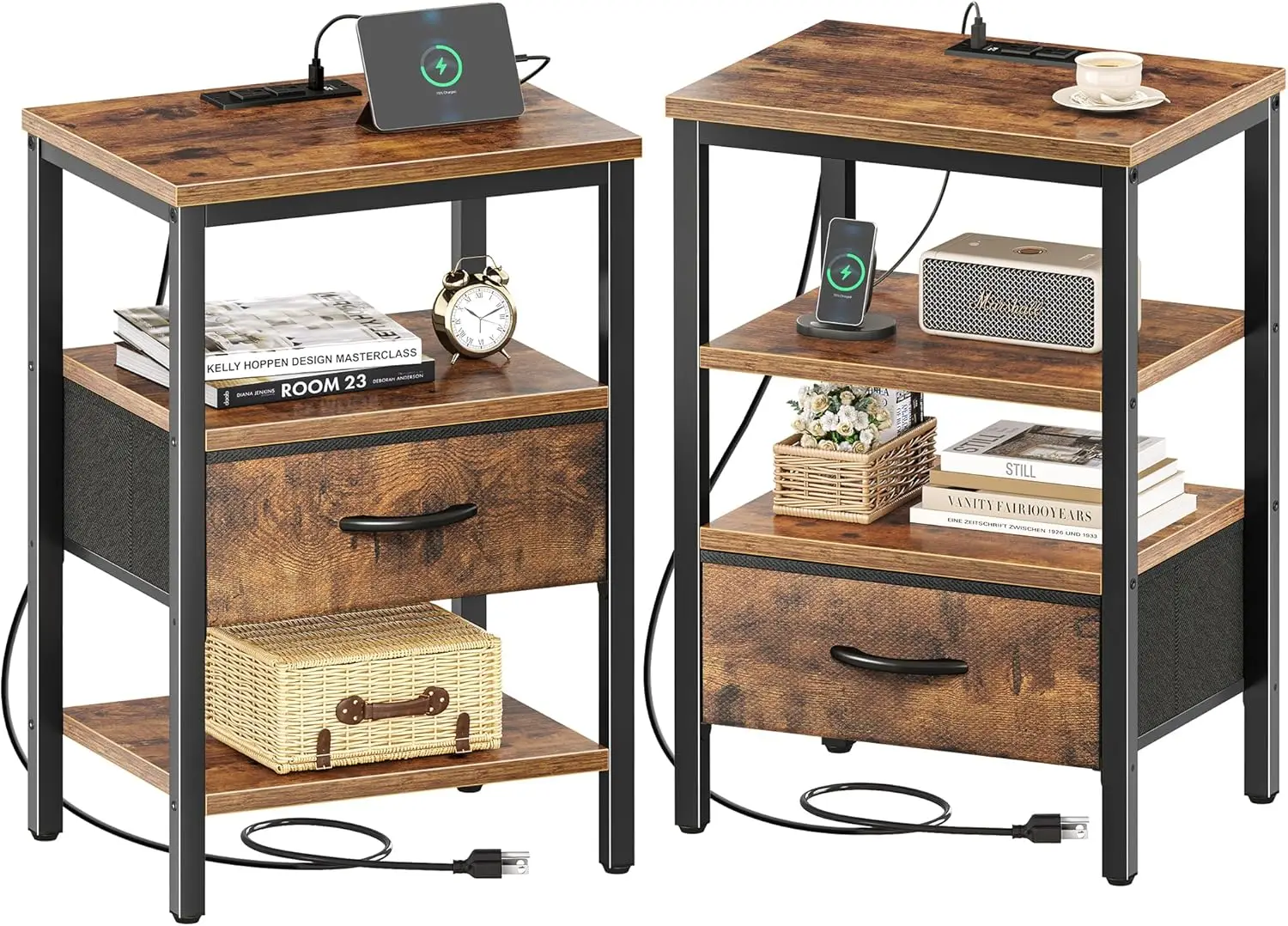 

NEW Nightstand Set of 2, Bed Side Tables with Charging Station, Adjustable Fabric Drawer, Night Stand for Bedroom