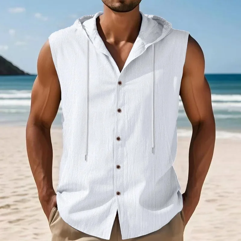 Summer Men's Linen Hooded Sleeveless Shirt Loose Casual Breathable Waistcoat Male Solid Thin American Style Beach Shirts Vests