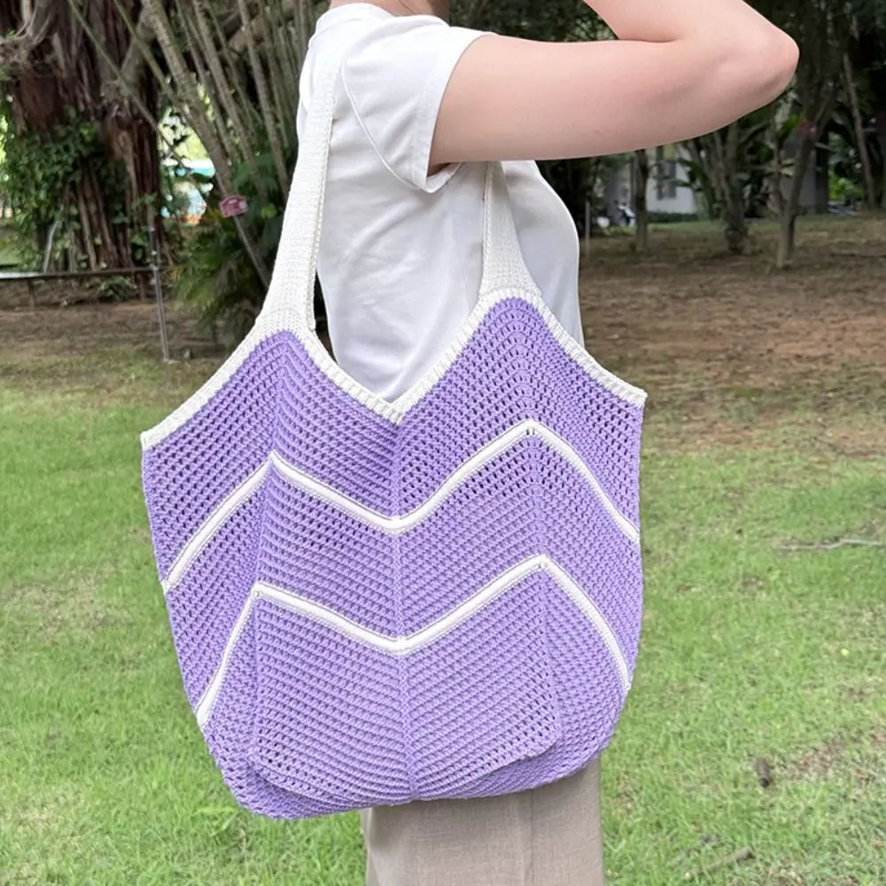 

Fashion Bohemian Knitted Shoulder Bag Hollowed Out Large Capacity Casual Woven Handbag Soft Eco-Friendly Crochet Tote Bag Picnic