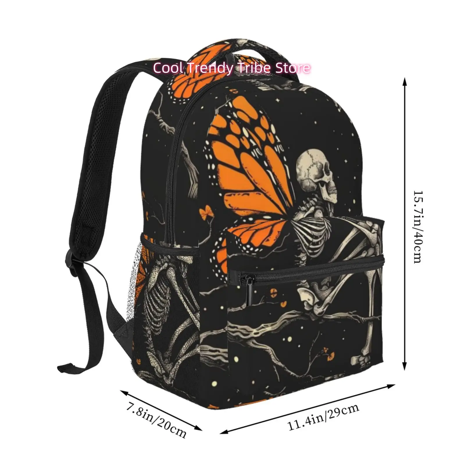 Black Starry Sky Monarch Butterfly Wing Skull Vintage Print Backpack, Oxford Cloth Adjustable Strap Casual Daypack, for Casual O