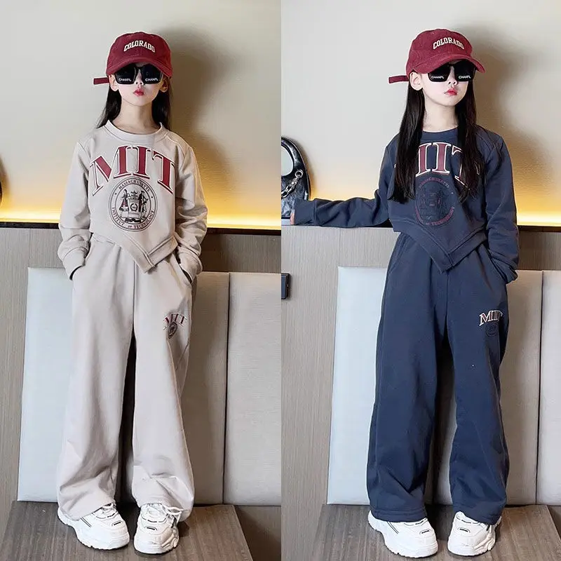 

Internet Celebrity Girls Suit Spring Autumn Alphabet Irregular Cropped Sweat shirt+LoosSports Casual Children's Outfit Clothing