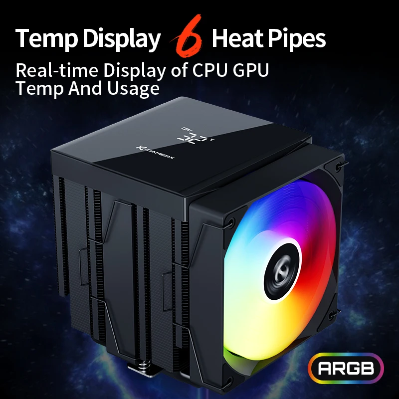 X-GAMERX MK6 Dual Tower Radiator CPU Fan ARGB Digital Display Six Copper Tube desktop Computer Air Cooling LGA1851 1700 115X AM5