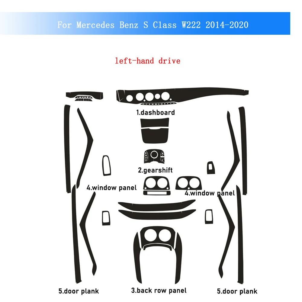 

Пленка из углеродного волокна для Mercedes-Benz S-класса W222 (2014-2020): наклейка на центральную консоль, панель приборов, воздуховоды, ручки дверей, панель управления стеклоподъемниками