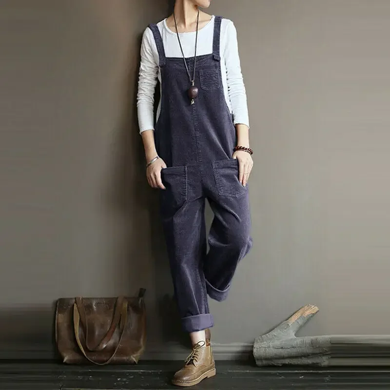 Vintage Corduroy Jumpsuits Women's Autumn Pants 2025  Casual Suspender Wide Leg Playsuits  Rompers Trousers