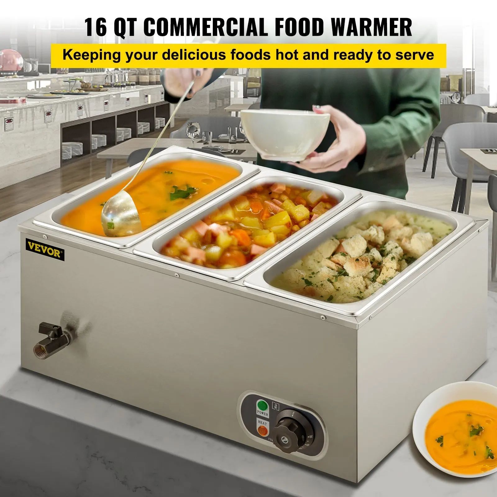 Commercial Food Warmer 3-Pan 850W Electric Countertop Steam Table 15cm/6inch Deep Stainless Steel Bain Marie Buffet Food Warmer