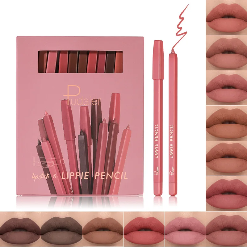 

12Pcs/Lot Waterproof Matte Velvet Lip Liner Pencil Nude Brown Red Contour Tint Lipstick Pen Kit With Sharpener Makeup Cosmetics