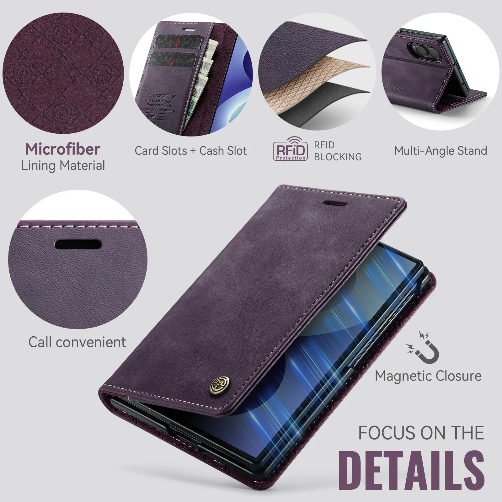 CaseMe 033 Leather Wallet Flip Case For Samsung Galaxy Z Fold 8 Wide Card Slots Cash Pocket Kickstand Magnetic Phone Cover Shell