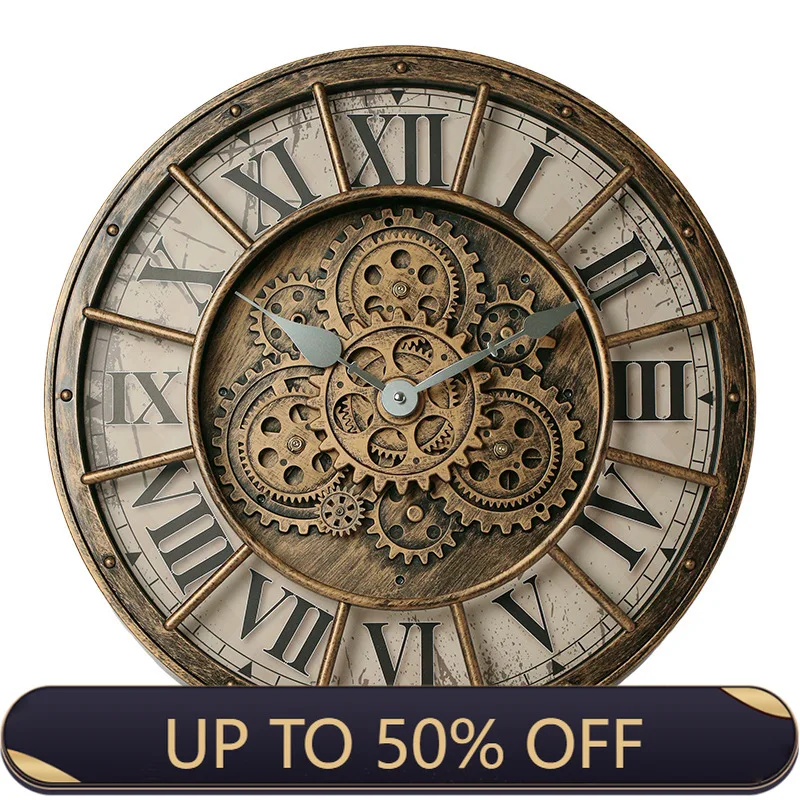 46cm Wall Clock with Moving Gears Oversized Large Industrial Steampunk Wall Clock Antique Gold Metal Roman Numeral Wall Clocks