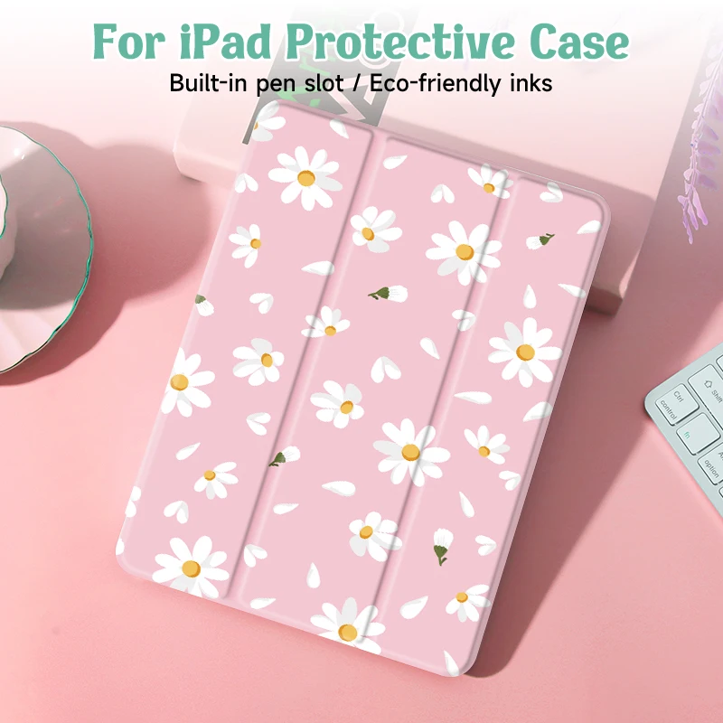 Flowers iPad Case For iPad 9th/ 8th/ 7th Generation 10.2 inch Case,For MiNi 4/5/6 Cover,with Pencil Holder,Auto Wake/Sleep Cover