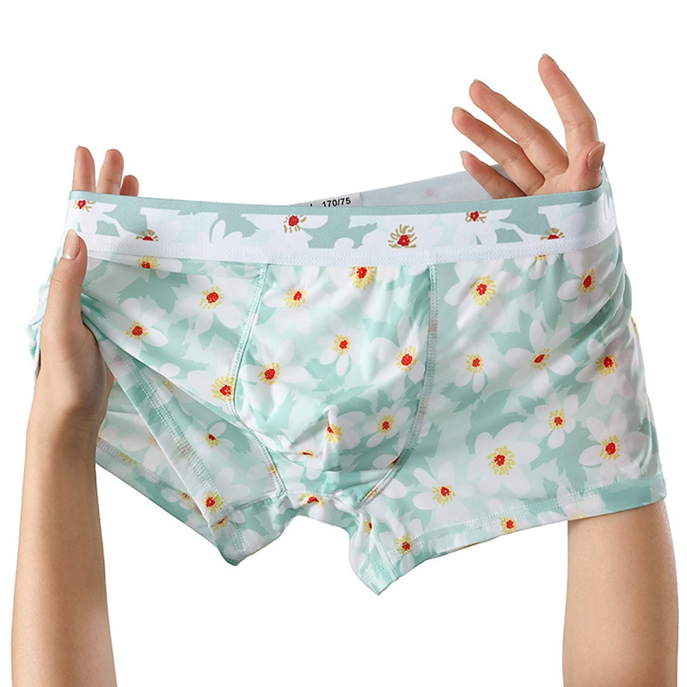 Men Trunks Flowers Printed Ice Silk Briefs Summer Quick-Drying Underwear Bulge Pouch Underpants Translucent Panties