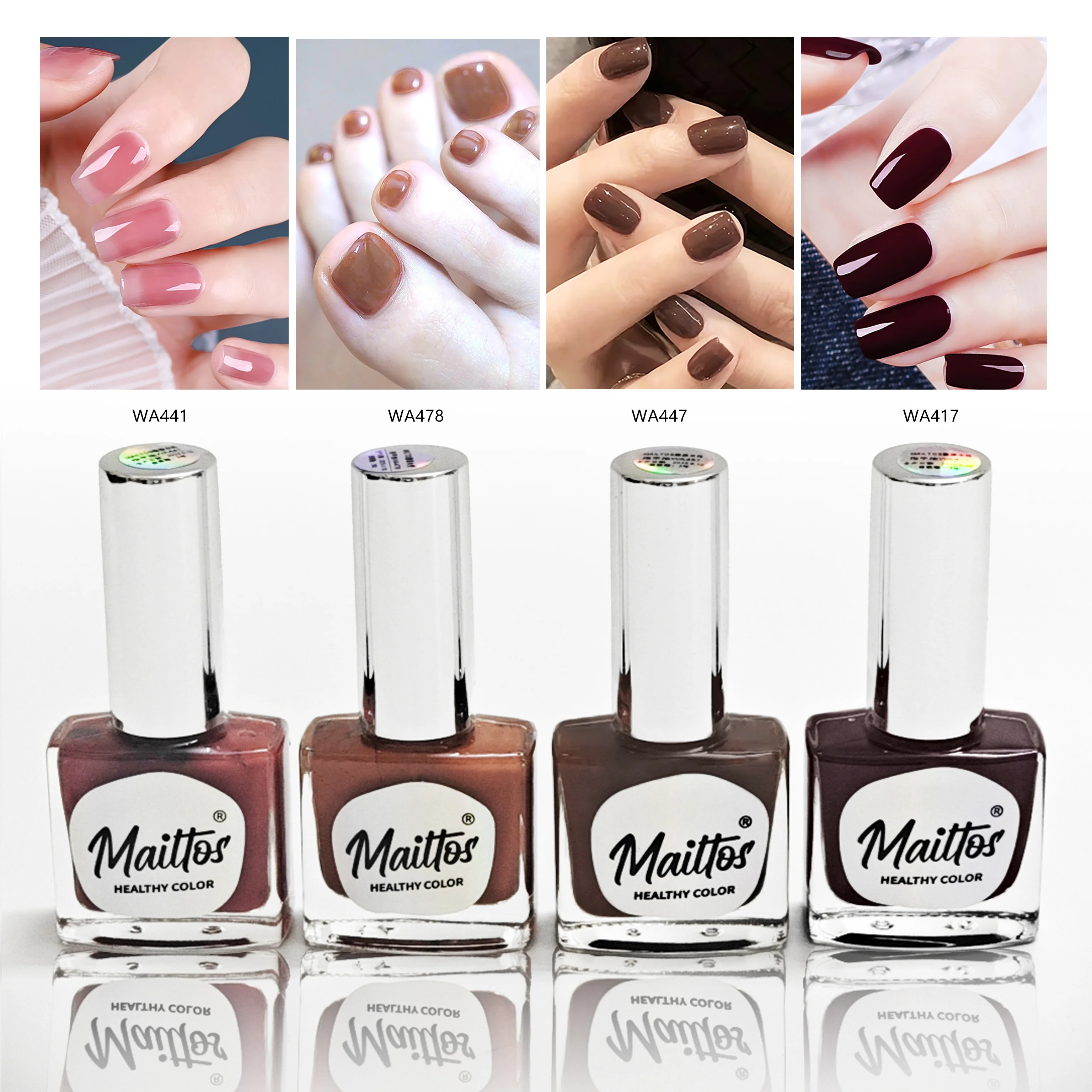 

12mlx4 [417/441/457/478] pink, coffe, cherry, Water-based Nail Polish, Oderless, dry quickly, No need lamp, easy tear