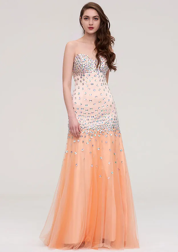 

Exquisite Sparkle Tulle Evening Dress A-line Princess Strapless Sleeveless Long Floor LengthWith Crystal Beading