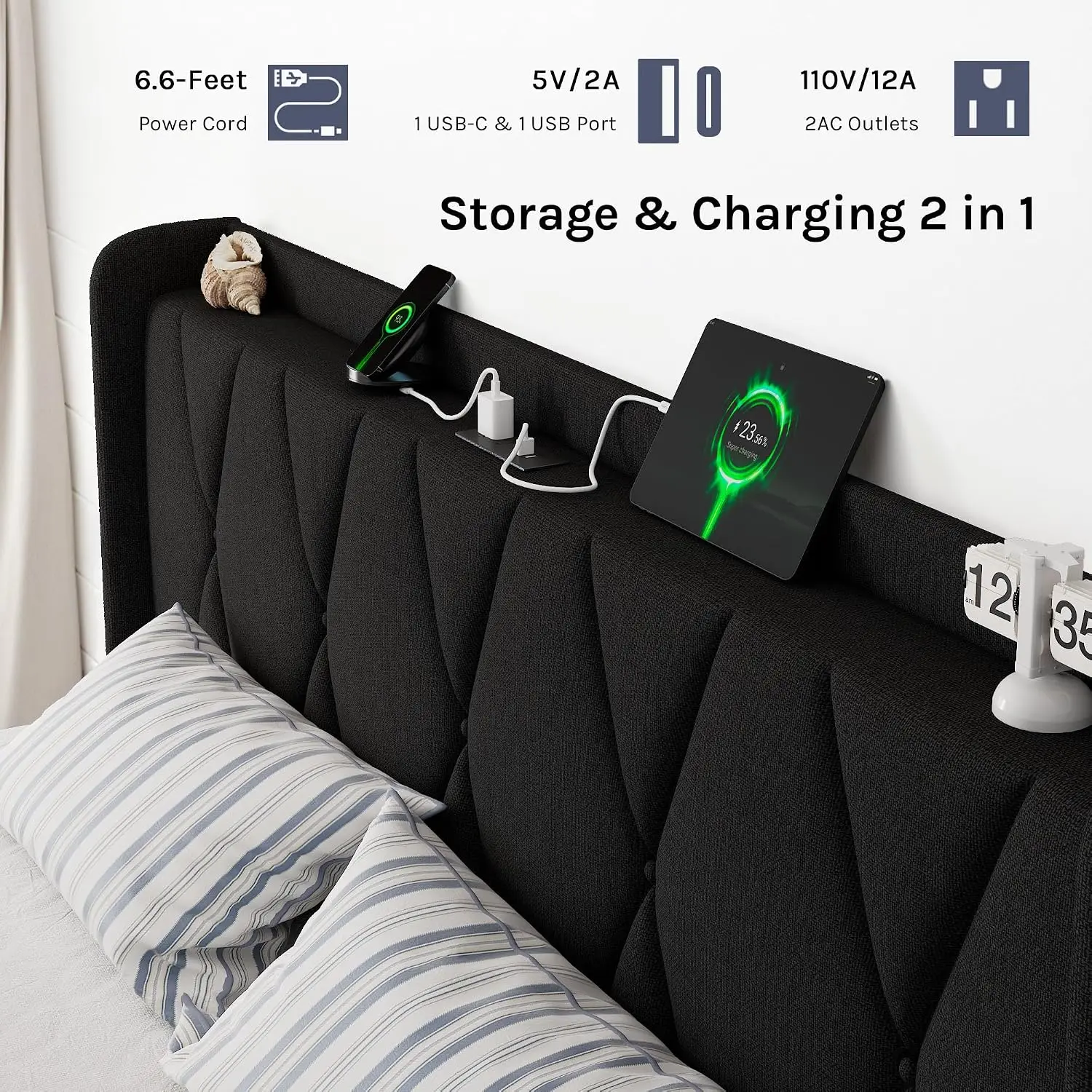 King Upholstered Platform Bed 4 Drawers, Button Tufted Wingback Headboard, Charging Station, Noise-Free, Customized