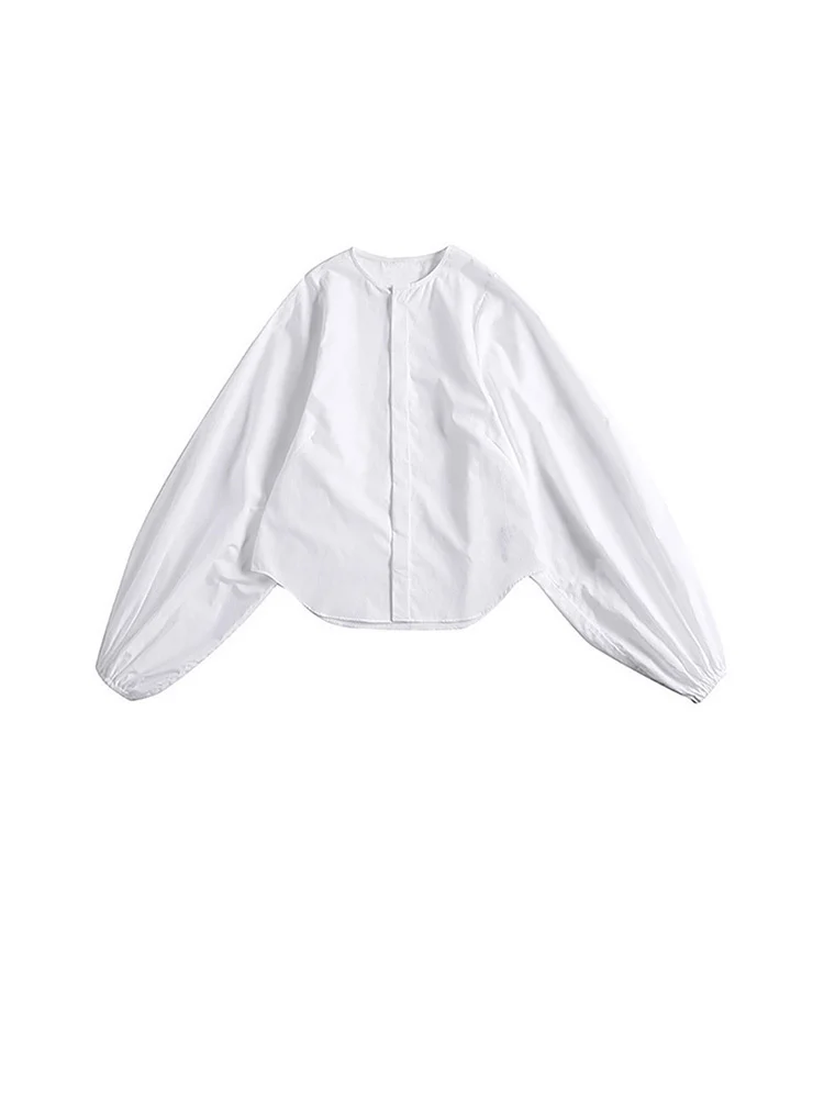 [EAM] Women White Elegant Blouse New Stand Collar Long Lantern Sleeve Loose Fit Shirt Fashion Tide Spring Autumn 2024 JI516