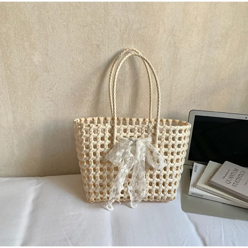 Koreanische Hohlgeflochtene Schleifen-Handtasche, Süße Einfarbige Gemüsekorb-Tasche, Lässige Vielseitige Schultertasche mit Großer Kapazität, Neu – Detail 28