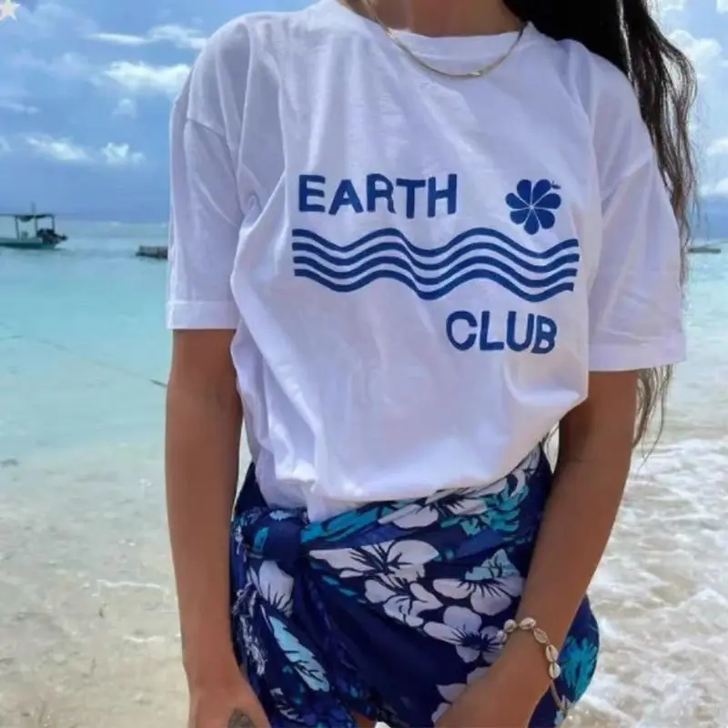 

Summer Beach Must-have American Street Print Short-sleeved Summer Wave Pattern Loose Top with White Base