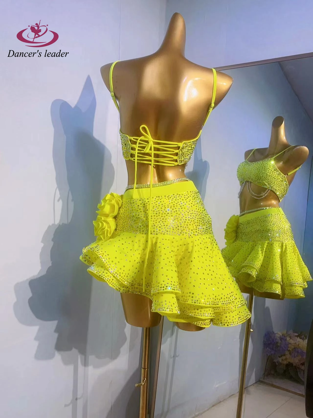 Latin Dance Practice Stage Women's Clothing High-end Customized Yellow Flower Double-layer Skirt Samba Rhinestone Clothing Dress