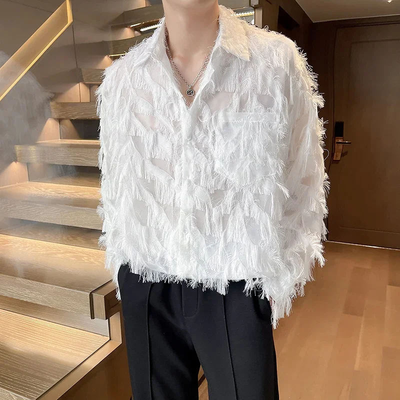 Fabric Tassels Splice Translucent Mesh Loose Casual Long Sleeve Vintage Party Dress Shirts Blouse Stage ClothesYY215