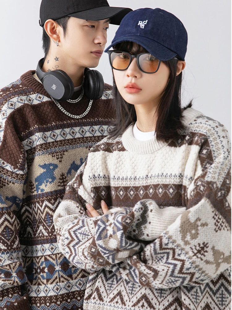 Vintage Print Sweater Men Women Harajuku Hip Hop Knitted Jacquard Pullover Couple Korean Fashion Casual Long Sleeve Y2k Jumper