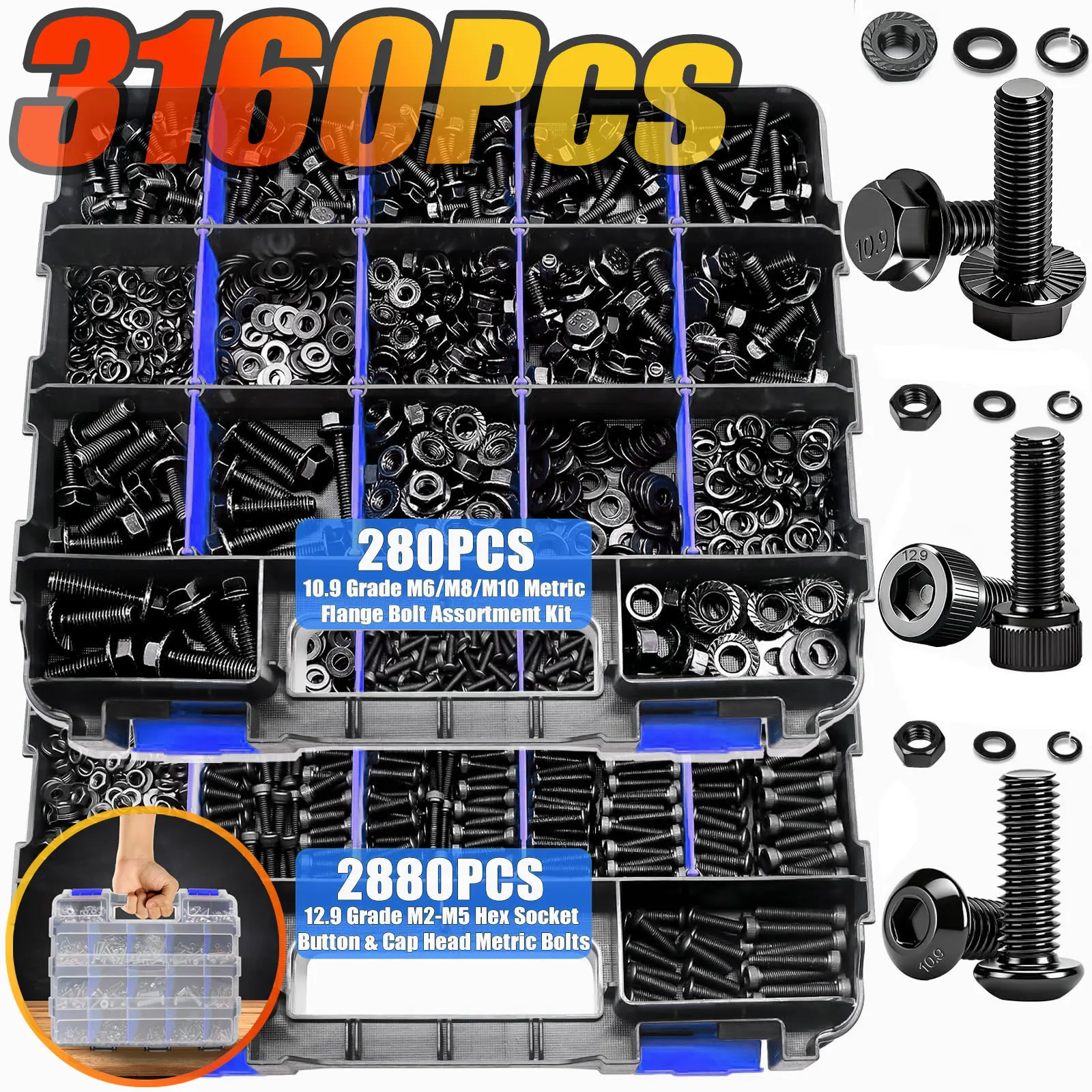 3160Pcs Metric Flange Bolt & Screw Set, Grade 12.9/10.9 Alloy Hex Button & Nuts, M2-M10 (4-30mm), Storage Box, Home/Car/3D/DIY
