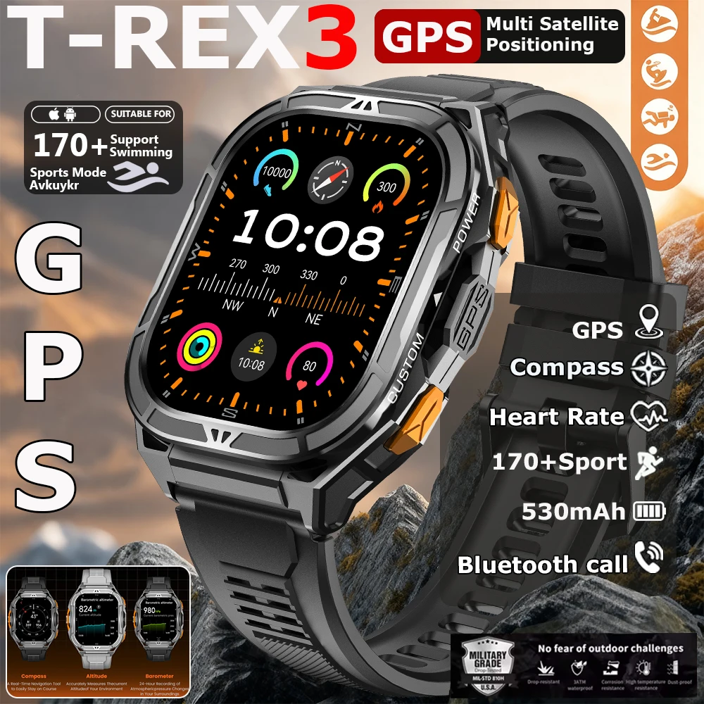 

2025 New GPS Smart Watch Men 1.96-inch HD AMOLED Screen Compass Bluetooth Call 5ATM Waterproof Sport Smart Watch for Android iOS