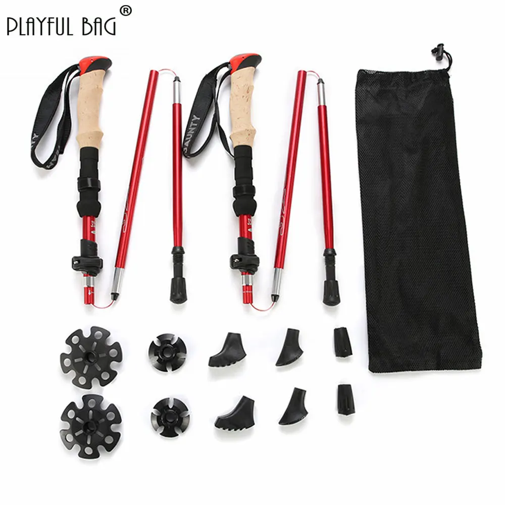 Outdoor 1 Pair 7075 Aluminum Alloy Folding Trekking Poles Imitation Wood Handle Hiking Cane Climbing Stick ZK51S