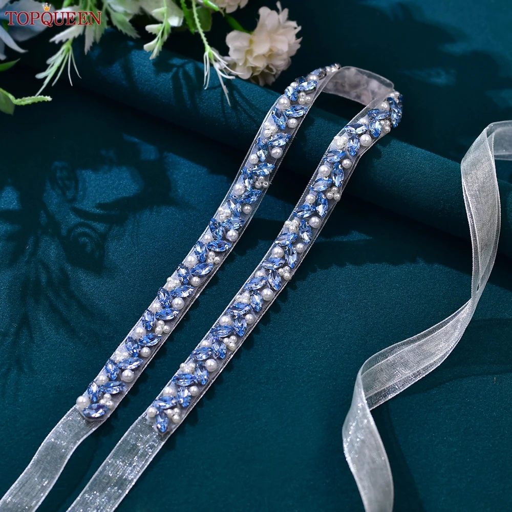 TOPQUEEN Fresh Style Bridal Belt Wedding Accessories Light Blue Stone Beads Thin Patch Sash Formal Costume Waist Jewelry S383-QL