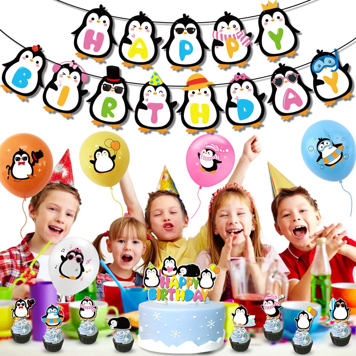 

39pcs 12inch Penguin Party Balloons Set Penguin Cake Topper Happy Birthday Banner for Baby Shower Birthday Party Decoration