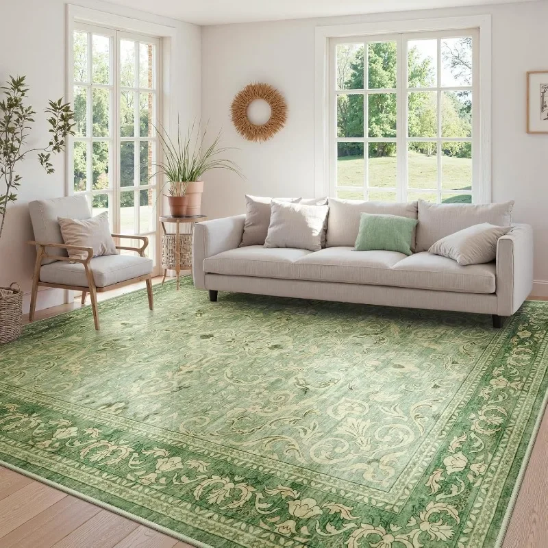 Retro Living Room Carpet Green Floral Bedroom Bedside Plush Rug Machine Washable Non-slip Large Coffee Table Mats Ковер Tapis 러그