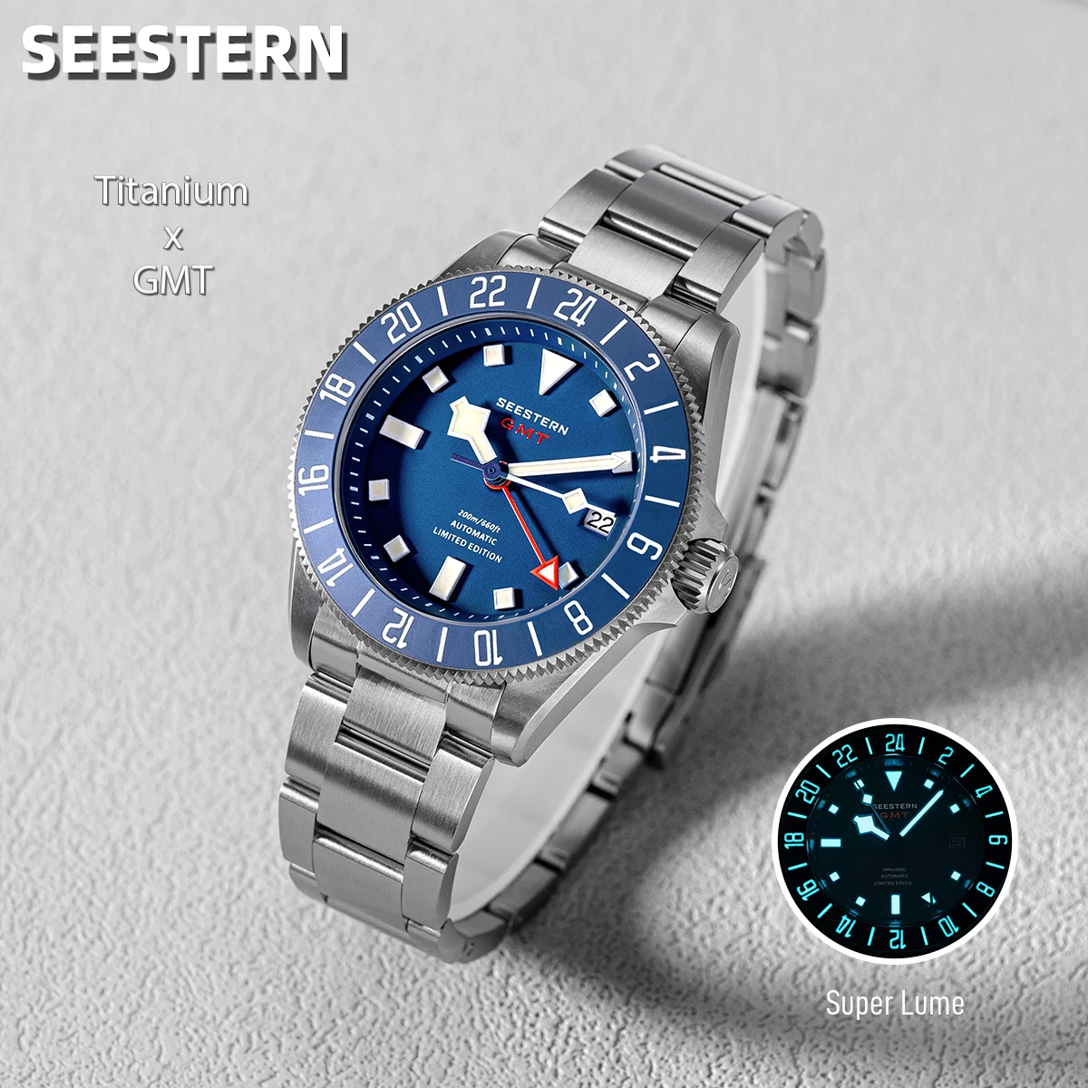 SEESTERN Titanium Diver Men of Watch GMT Automatic Mechanical Wristwatch SL3032 Movement Sapphire Crystal 20ATM Waterproof Lume
