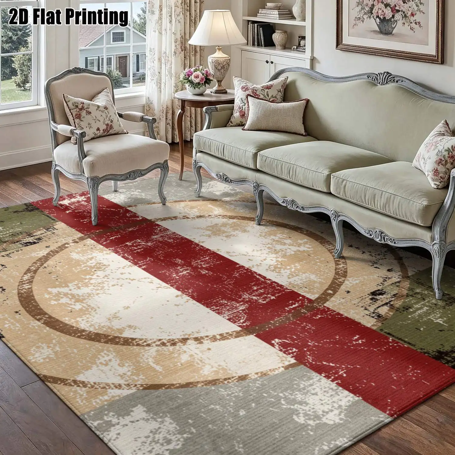 1Pc 2D Printed Retro Red Green Geometric Pattern Carpet: Nordic/Modern Minimalist/European Style, Machine Washable, Multi-Size, for Home Decor, Entrance, Living Room, Bedroom, Dining Room, Foyer