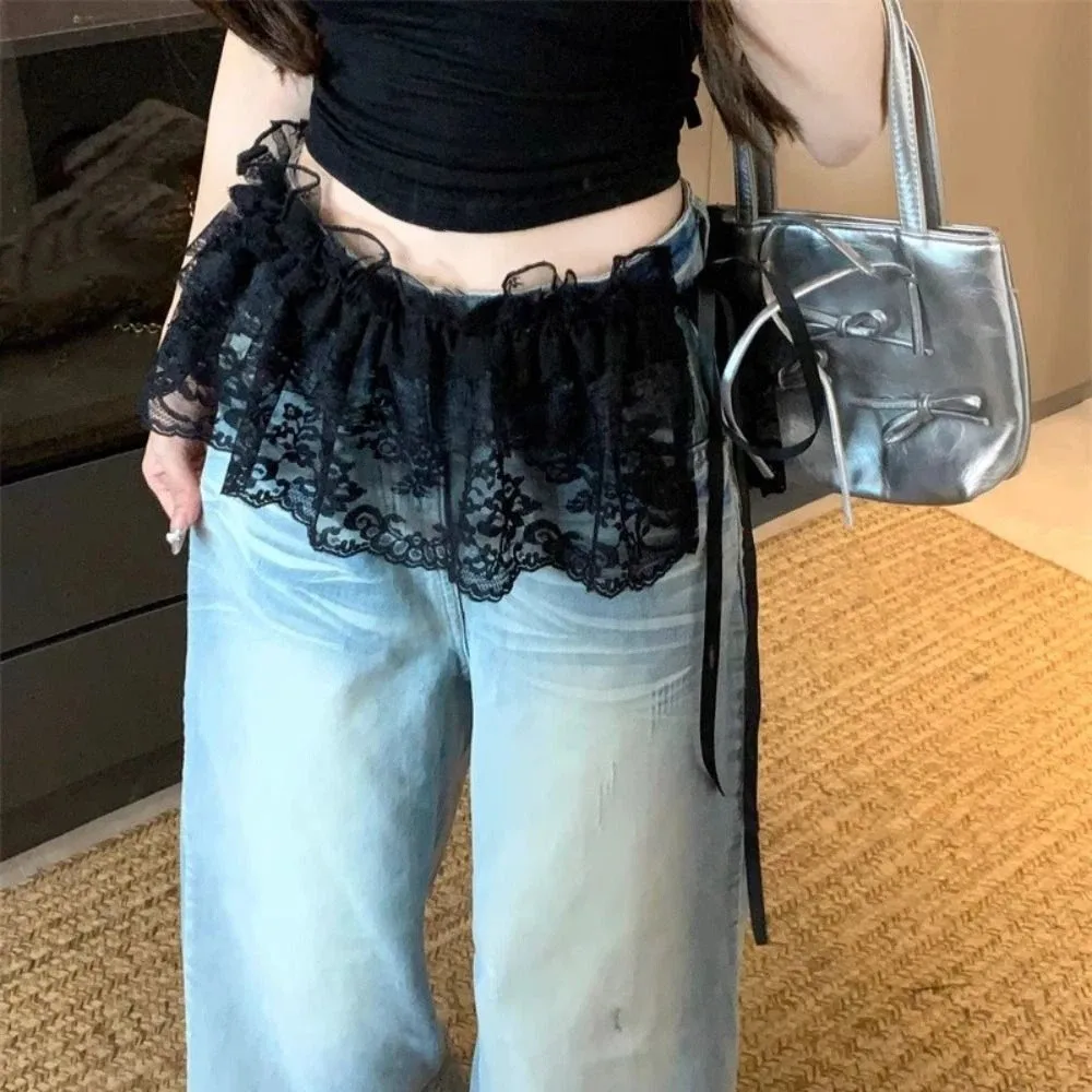 Rok Mini Renda Balletcore Manis Gaya Y2k Korea Rok Ruffle Bunga Pinggang Tinggi Model Tutup Bokong untuk Wanita