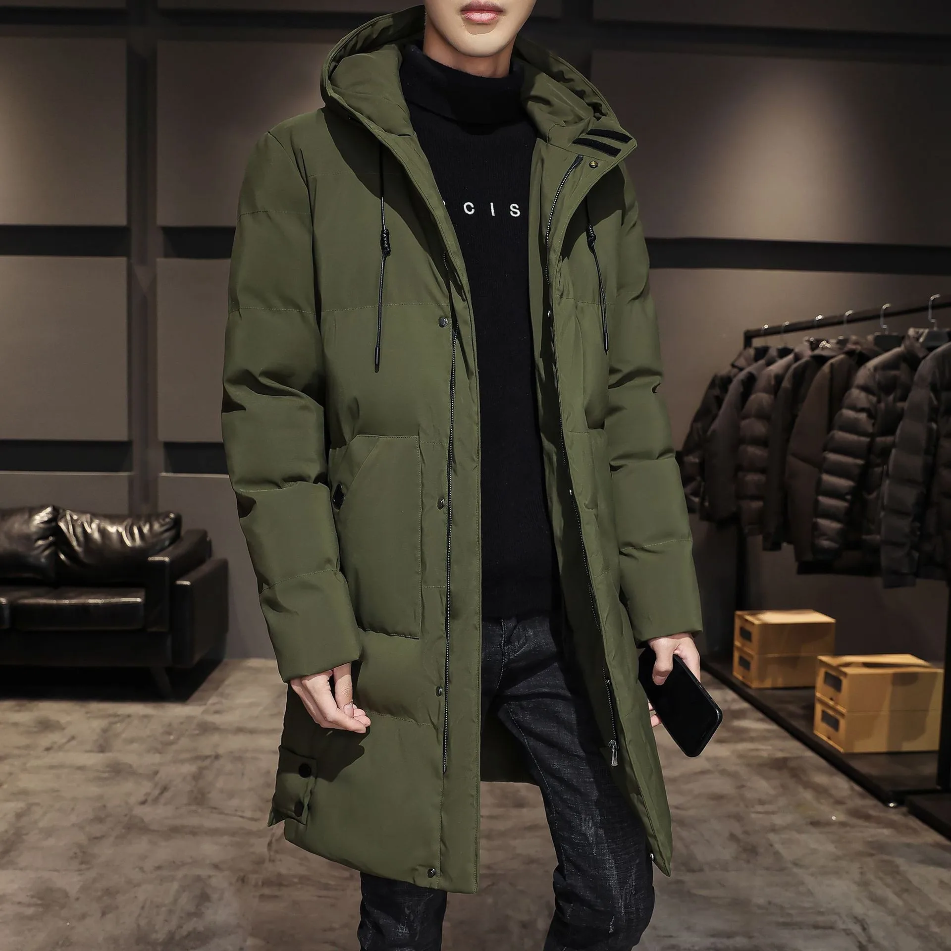 Hooded Loose Fit Coat with Zipper Front Mid Length Extra Thick Wrinkle Finish Autumn Button Decoration Casual Winter for Men