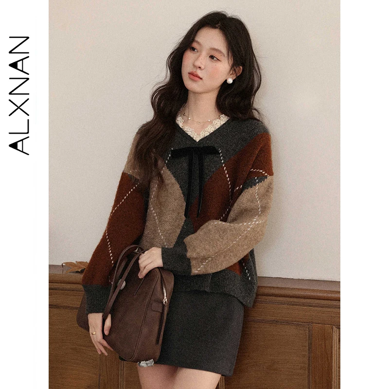 

ALXNAN Women's Sweater Colorblock Diamond Pattern V-neck Lace Panel Bow Sweater Elegant Loose-fit Long Sleeve Tops Female L57833