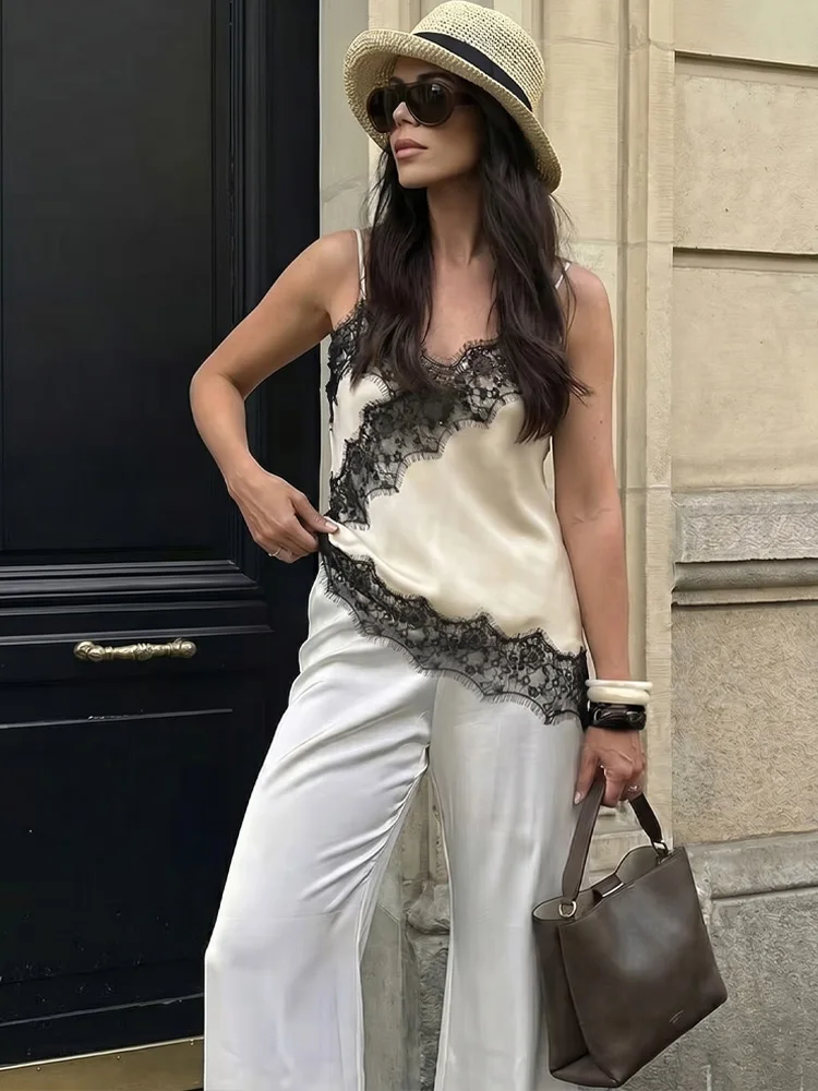 HH Women Fashion Lace Patchwork Straps Top Irregular Hem Spaghetti Straps V-Neck Hollow Sexy Tops 2026 Summer Night Date Wear