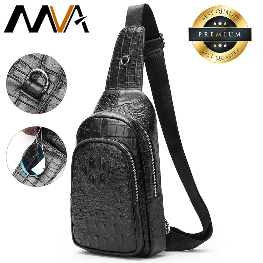 Genuine Leather Sling Bag Anti-Thief Crossbody Bags Chest Pack Man Shoulder Bag For Sport Crocodile Pattern Headphone Hole