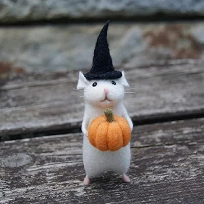 N15R-Halloween Mouse With A Pumpkin Felted Animals, Needle Felted Christmas Mouse, Wool Felt Handmade Halloween Decorations