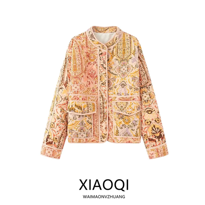 

Autumn Winter Loose Fit Printed Cotton Jaet Stand Collar Versatile Women's Faion Design Commute Sle Long Sve Coat