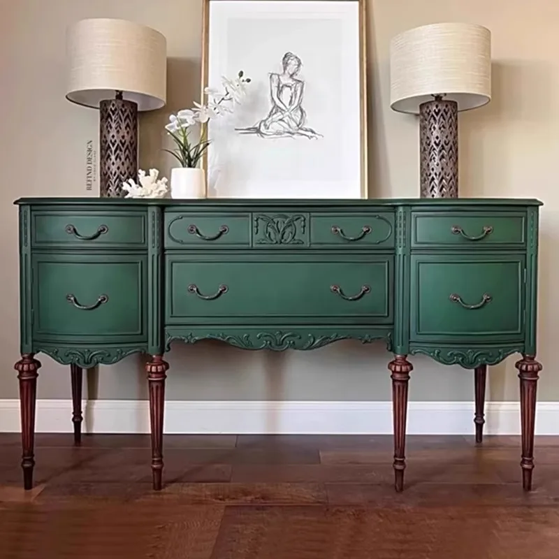 

French retro entrance hall entrance cabinet/American old solid wood carving flower dining side cabinet/villa decoration cabinet