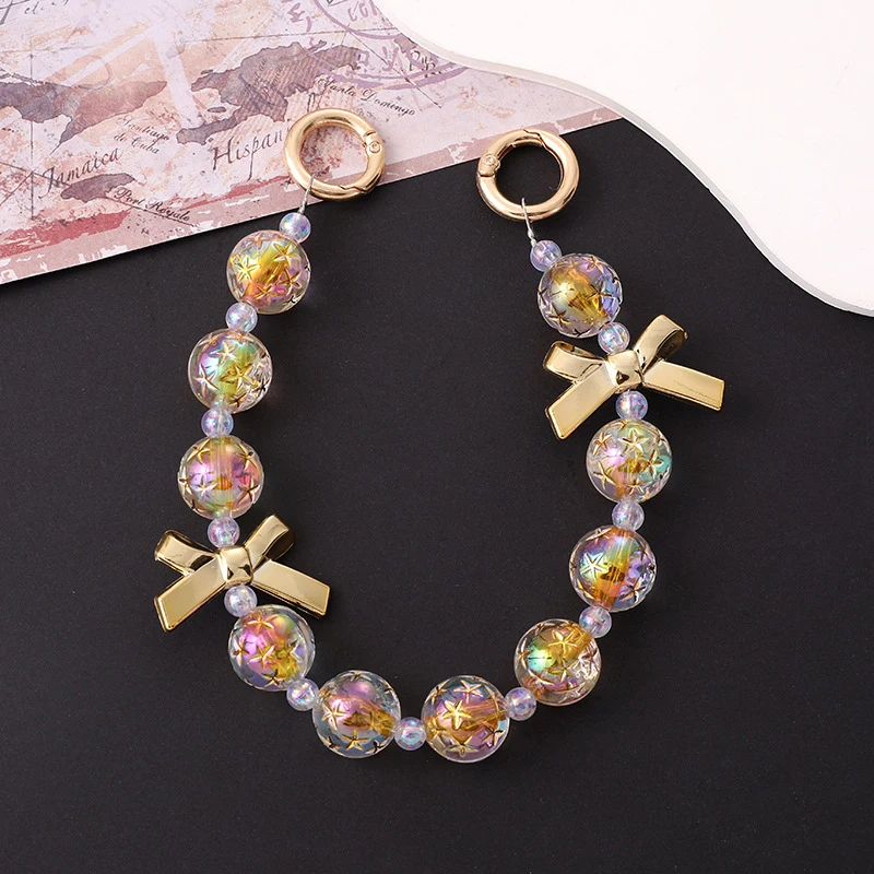 Starry Sky Beaded Gold-plated Bow Mobile Phone Chain Anti-Lost Phone Lanyard Pendant Keychain Bag Chain Earphone Camera Chain