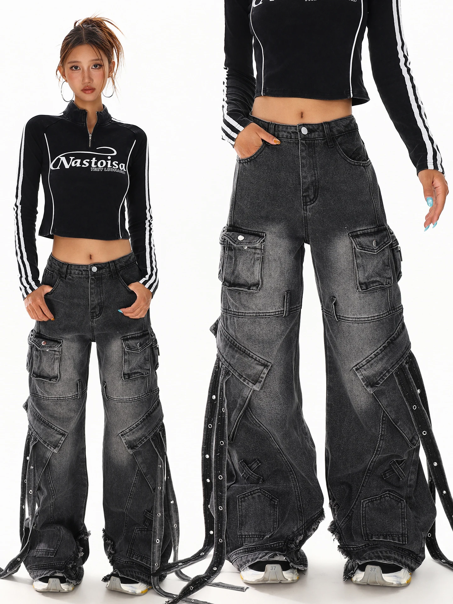 

Модные джинсы Boeax в стиле High Street с множеством карманов, женские зимние новые широкие брюки из денима с американским принтом