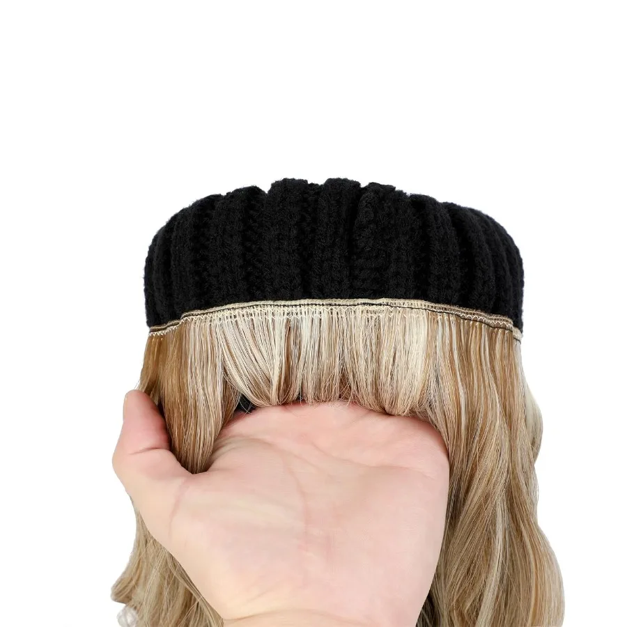 Cappello a cuffia da donna con berretto con pompon lavorato a maglia caldo attaccato ai capelli per attività all'aperto invernali Estensioni dei capelli ricci ondulati lunghi da 14 pollici