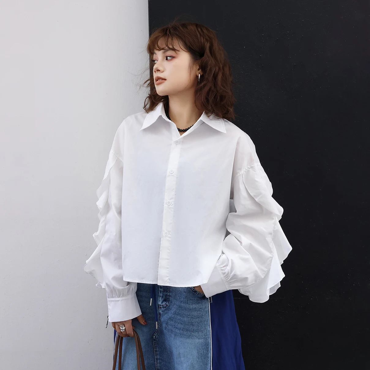 241023 Ruffel Design Solid Color Blouse Women Lapel Long Sleeve Patchwork Zipper Casual Fashion  Shirts Female Trend 2024 New