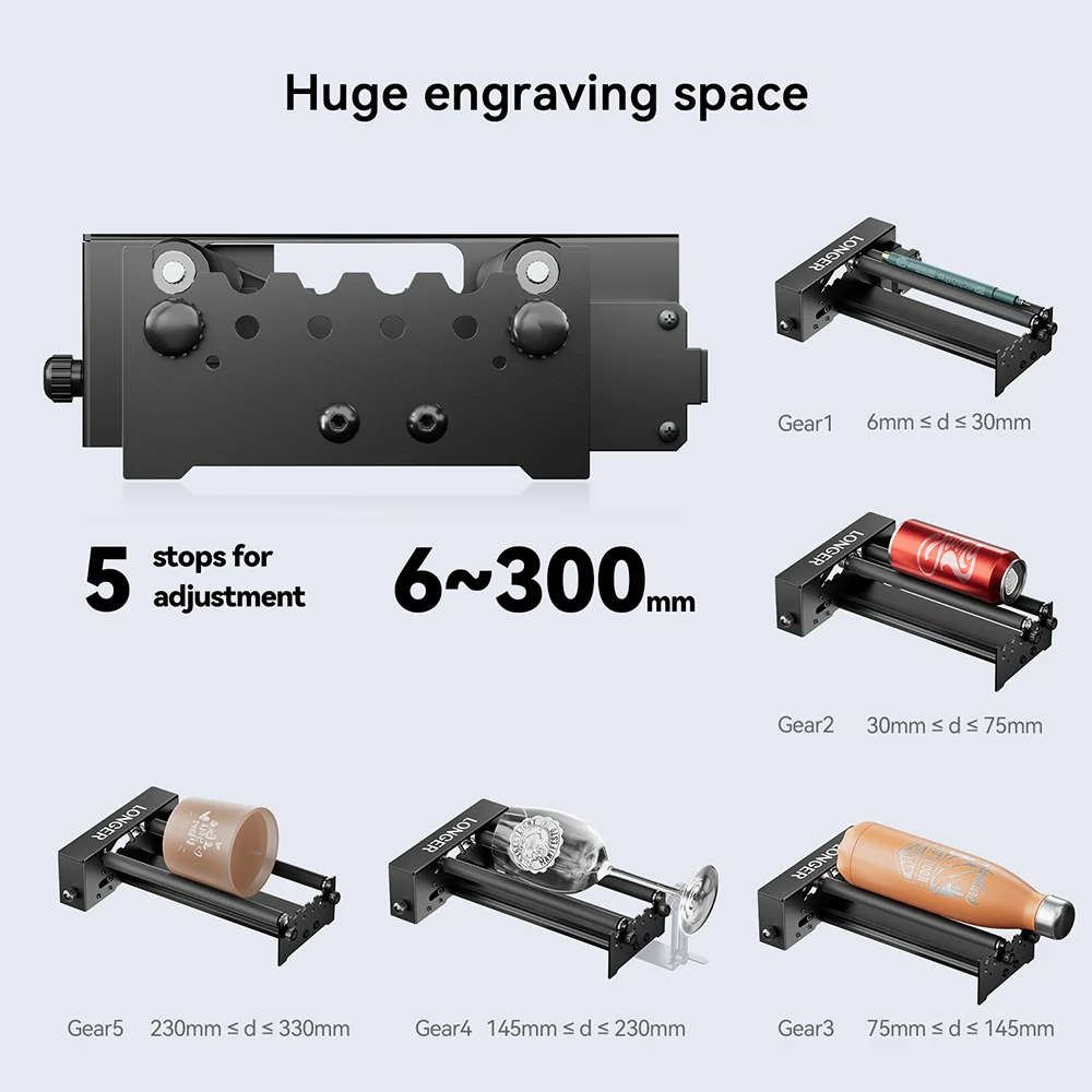 LONGER Laser Engraver Y-axis Rotary Roller, 360° Rotation, Adjustable 6-300mm Diameters