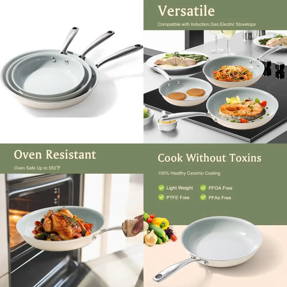 

Ceramic Nonstick Cookware Set - 3 Piece Frying Pan Set with 8, 9.5, and 11 Inch Sizes - Healthy, PTFE, PFOA, PFAS-Free Egg Pan O