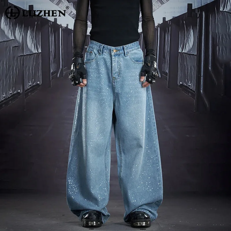 LUZHEN 2025 New Original Sequin Patchwork Baggy Straight Denim Pants Men Fashion Handsome Streetwear Male Wide Leg Jeans JY5716